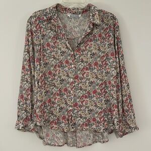 Big Dart colorful floral button down blouse with collar and buttoned sleeves